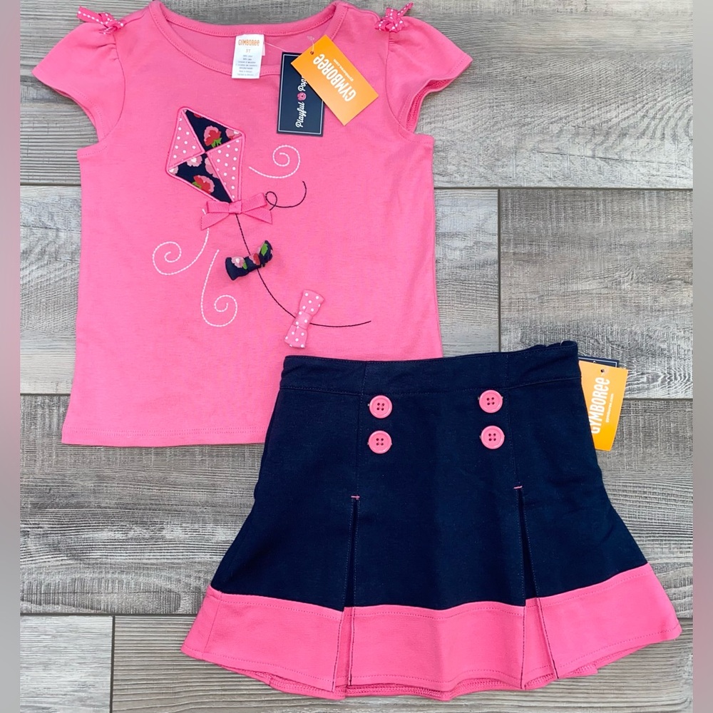 NWT Gymboree Playful Poppies Pink Navy Floral Summer Kite Top Skirt Outfit 3 3T